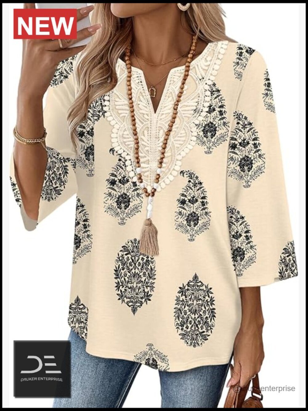 3/4 Length Sleeve Boho V-Neck Lace Tunic Blouse Dressy Casual Top